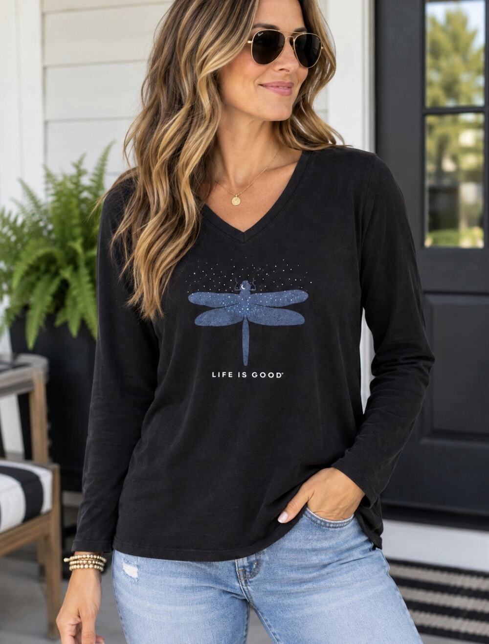 Life Is Good Blue Dragonfly Long Sleeve Crusher Tee Sz M